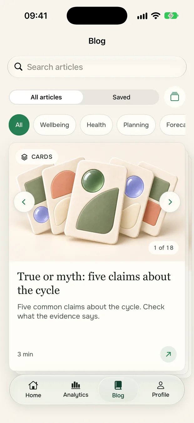 The reading screen: articles about the cycle.